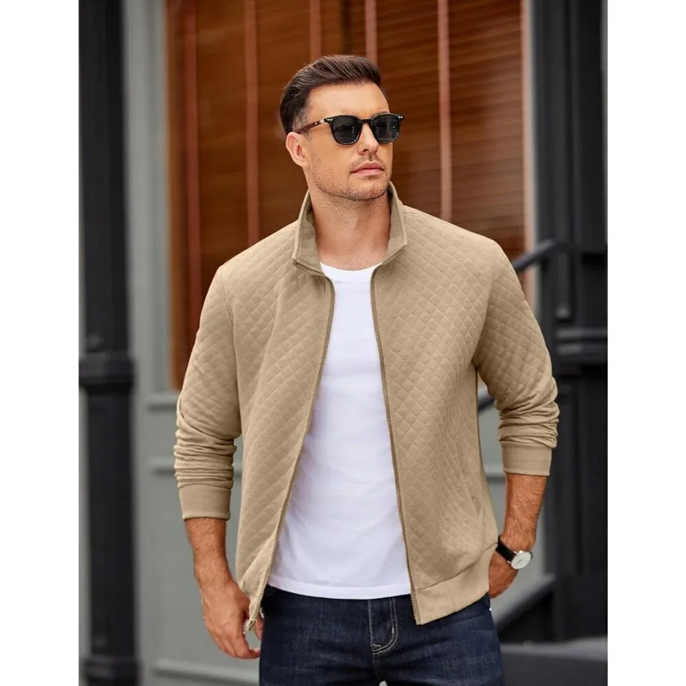 COOFANDY Men Black Zip Up Mock Neck Quilted Lightweight Sweater Jacket